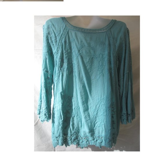Tunic Top Blouse Size L LARGE Gauzy Cotton Crochet Hem Embroidered - Picture 2 of 12